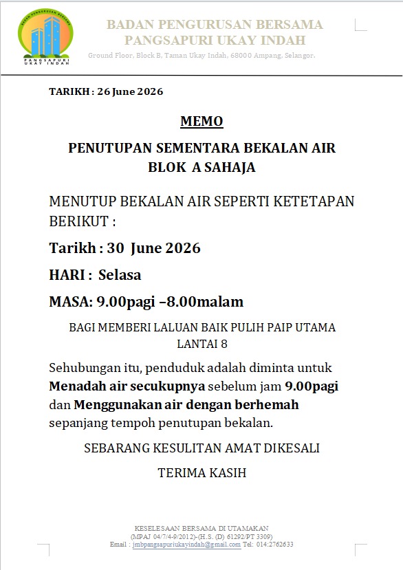 Penutupan Air Blok A pada 30 June 2026