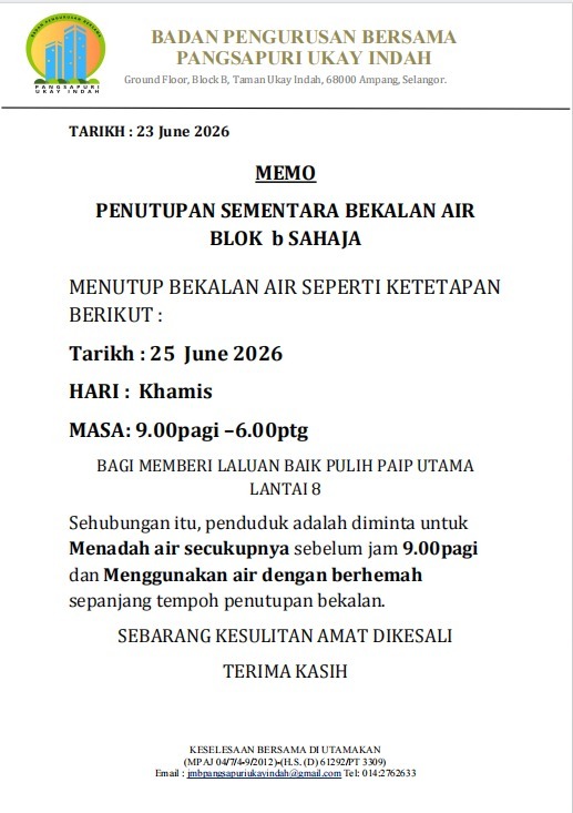 Penutupan Air Blok B pada 25 June 2026