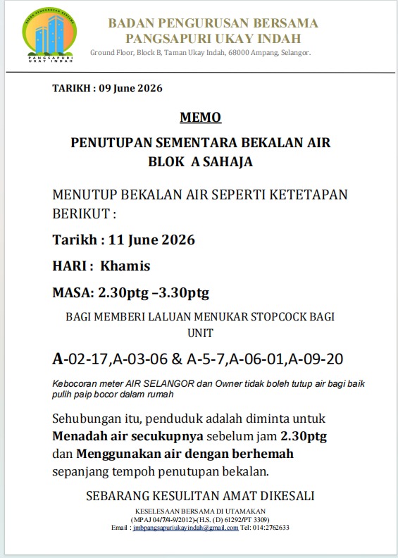 Penutupan Air Blok A pada Khamis 11 June 2026