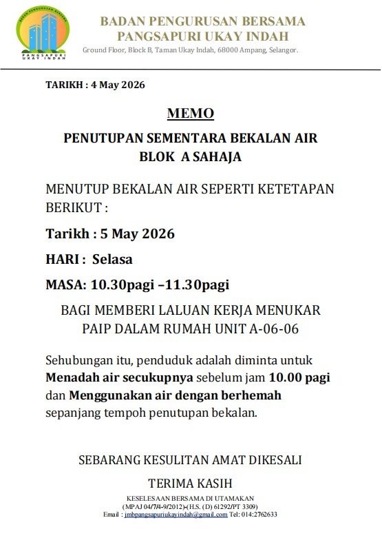 Penutupan Bekalan Air Blok A pada 5 May 2026
